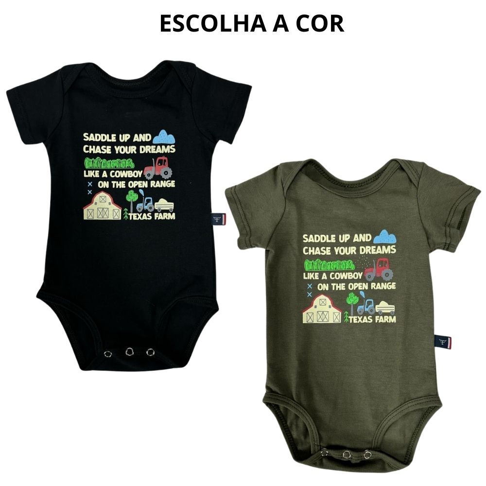 Body Infantil Texas Farm Manga Curta Preto e Verde - Ref. BM007 - Escolha a cor