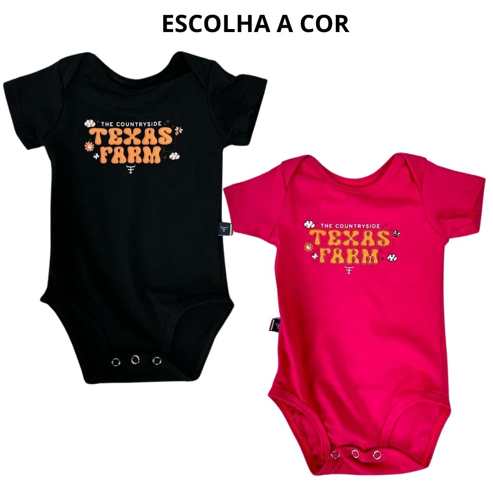 Body Infantil Texas Farm Manga Curta Rosa e Preto - Ref. BM014 - Escolha a cor