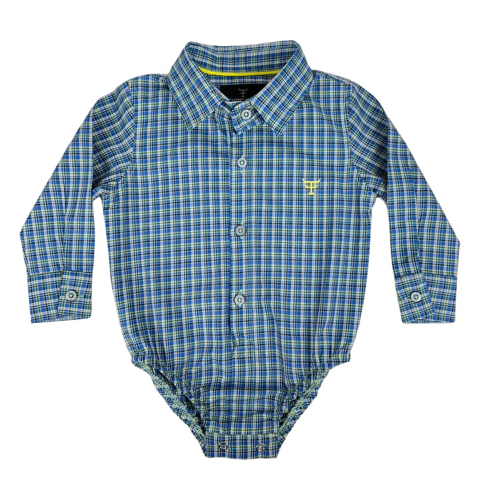 Body Infantil Texas Farm Manga Longa Estilo Camisa Xadrez Azul/Verde Com Logo Amarelo Ref:DIV BD