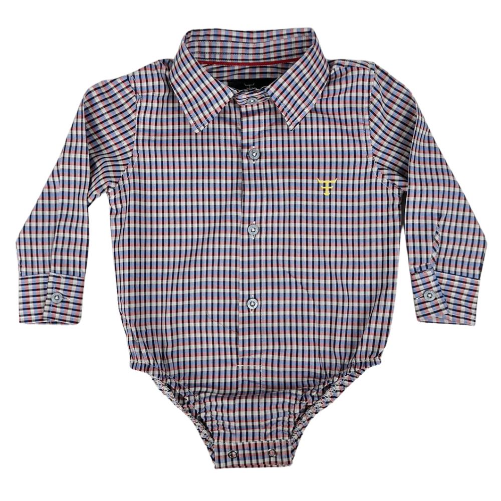 Body Infantil Texas Farm Manga Longa Estilo Camisa Xadrez Preto/Azul/Vermelho Com Logo Amarelo Ref:DIV BD