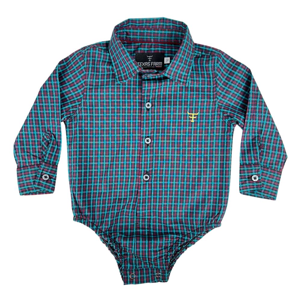 Body Infantil Texas Farm Manga Longa Estilo Camisa Xadrez Verde/Vermelho Com Logo Amarelo Ref:DIV BD