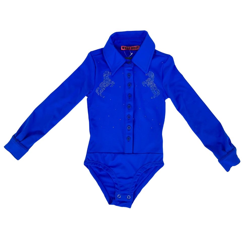 Body Infantil West Dust Manga Longa Azul Royal Horse C/ Colarinho e Bordado de Cavalo em Strass Ref: BD28167