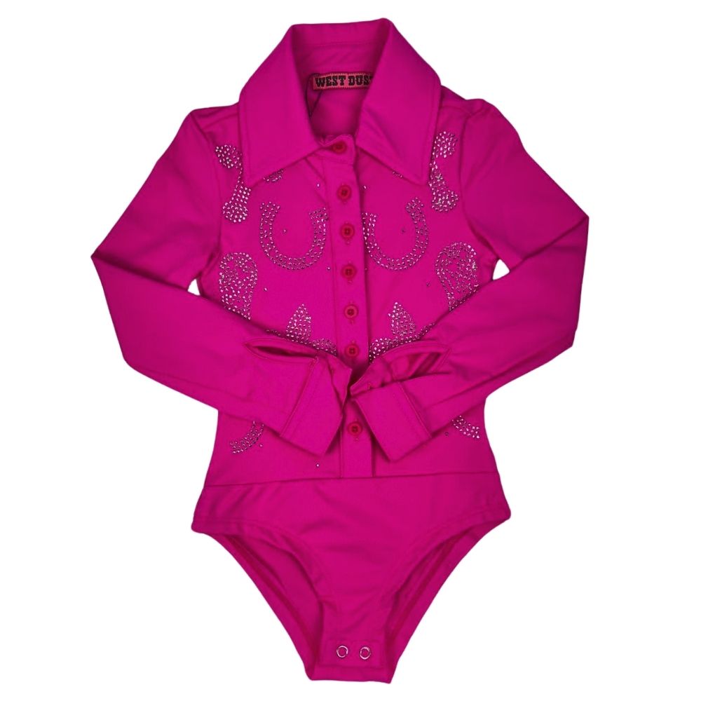 Body Infantil West Dust Pimenta Rosa (Pink) Corina M.Longa C/ Ferraduras e Flor de Liz de Strass - REF:BD29390