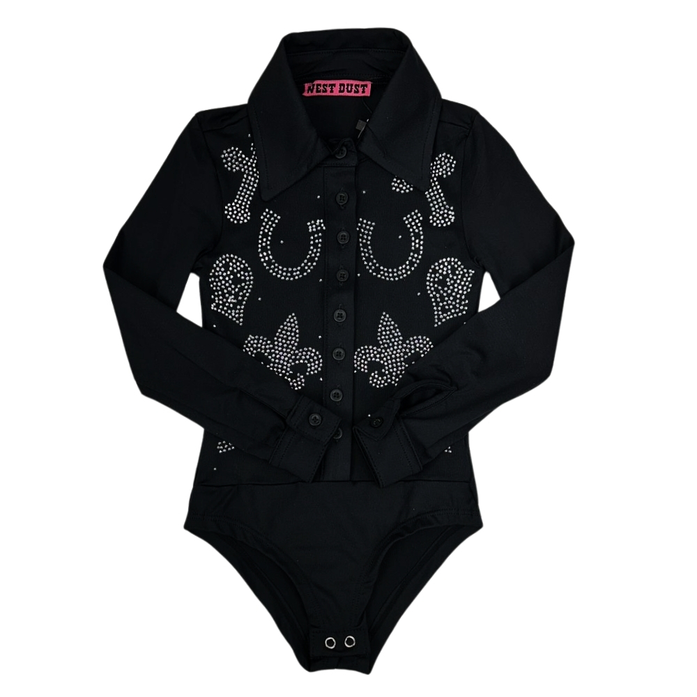 Body Infantil West Dust Preto Manga Longa Com Ferradura E Flor De Liz De Strass Corina-REF:BD29390