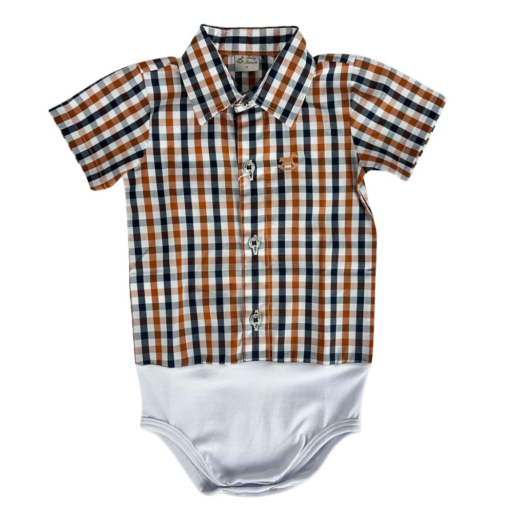 Body Infantil Baby Ranch Estilo Camisa Manga Curta Xadrez Azul/Branco/ Marrom Terra Com Logo Bordado Caramelo Ref:4002