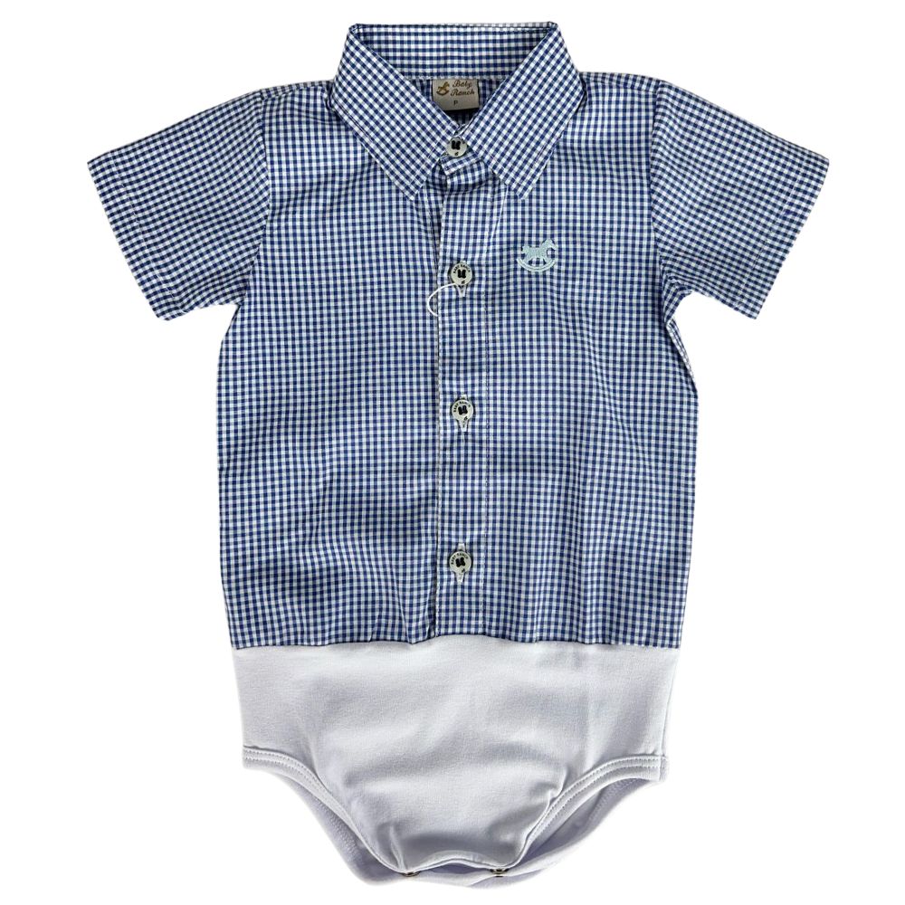 Body Infantil Baby Ranch Estilo Camisa Manga Curta Xadrez Azul E Branco Com Logo Azul Claro Ref:4002
