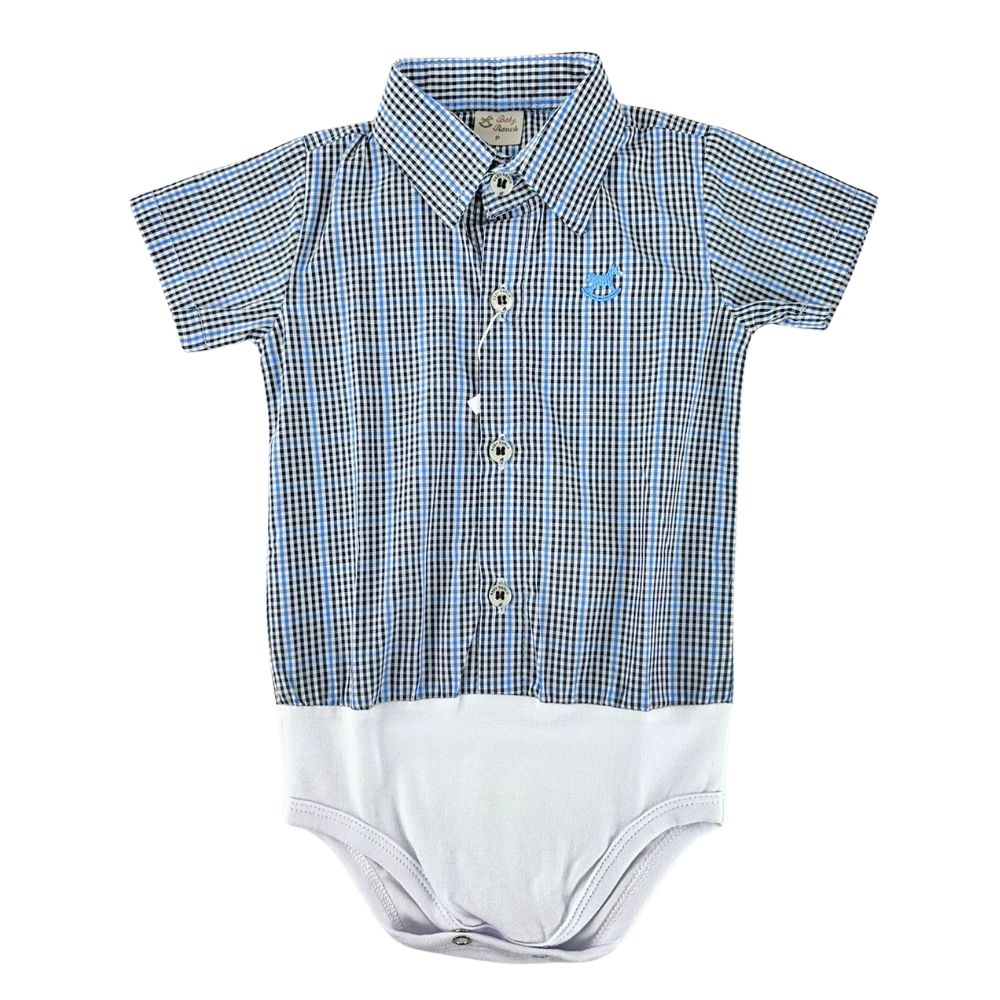 Body Infantil Baby Ranch Estilo Camisa Manga Curta Xadrez Preto E Azul REF: 4002