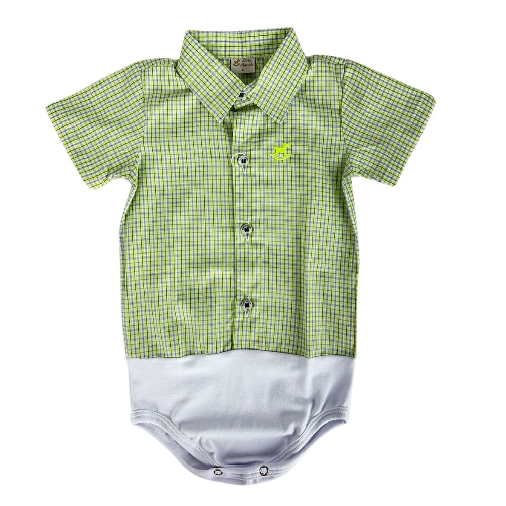 Body Infantil Baby Ranch Estilo Camisa Manga Curta Xadrez Verde Claro Com Logo Verde Neon Ref:4002
