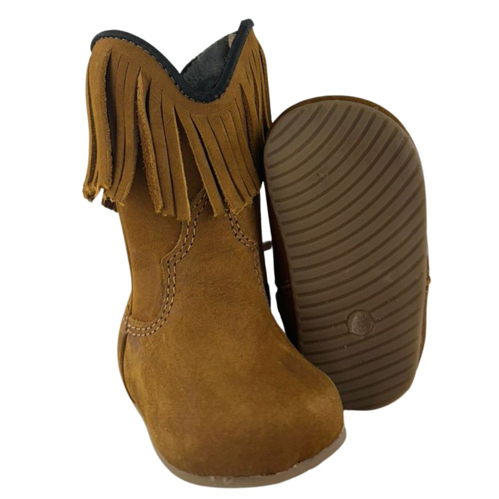 Bota Texana Baby Caminhos da Roça Bico Quadrado Couro Nobuck Castor Com Zíper E Franja Ref:KB26