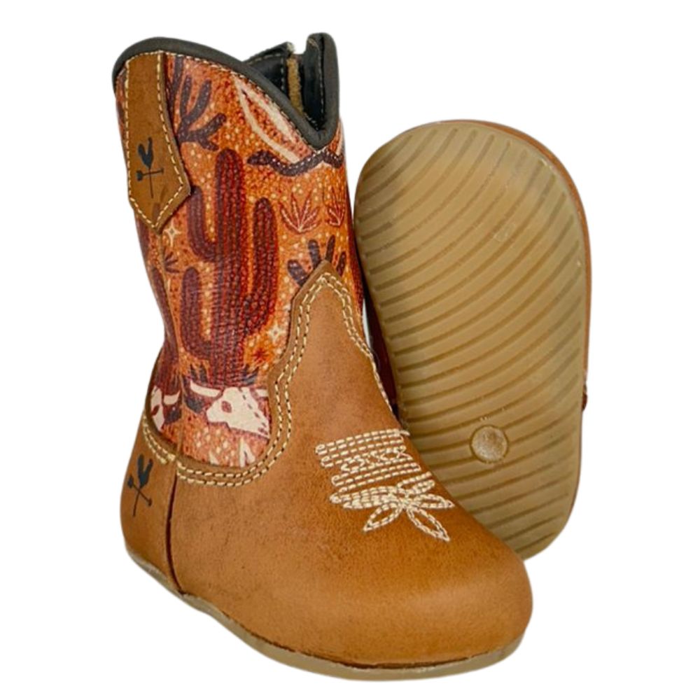 Bota Texana Baby Caminhos Da Roça Com Zíper Couro Caramelo Cano Estampado Deserto Ref:CB16