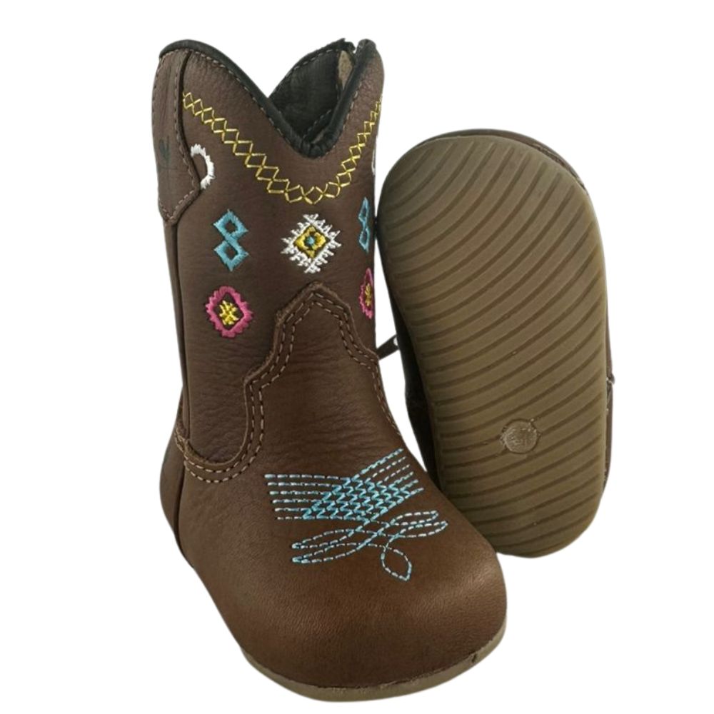Bota Texana Baby Caminhos da Roça Com Zíper Couro Graxo Chocolate Com Bordados Azul e Rosa Ref:MB35