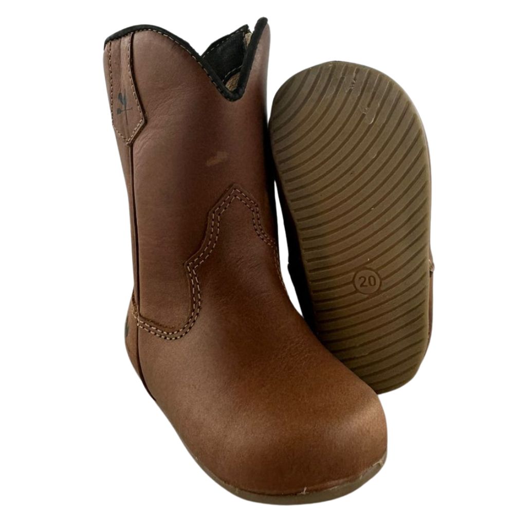 Bota Texana Baby Caminhos Da Roça Couro Fóssil Caramelo Liso Com Zíper Ref:KB02-5