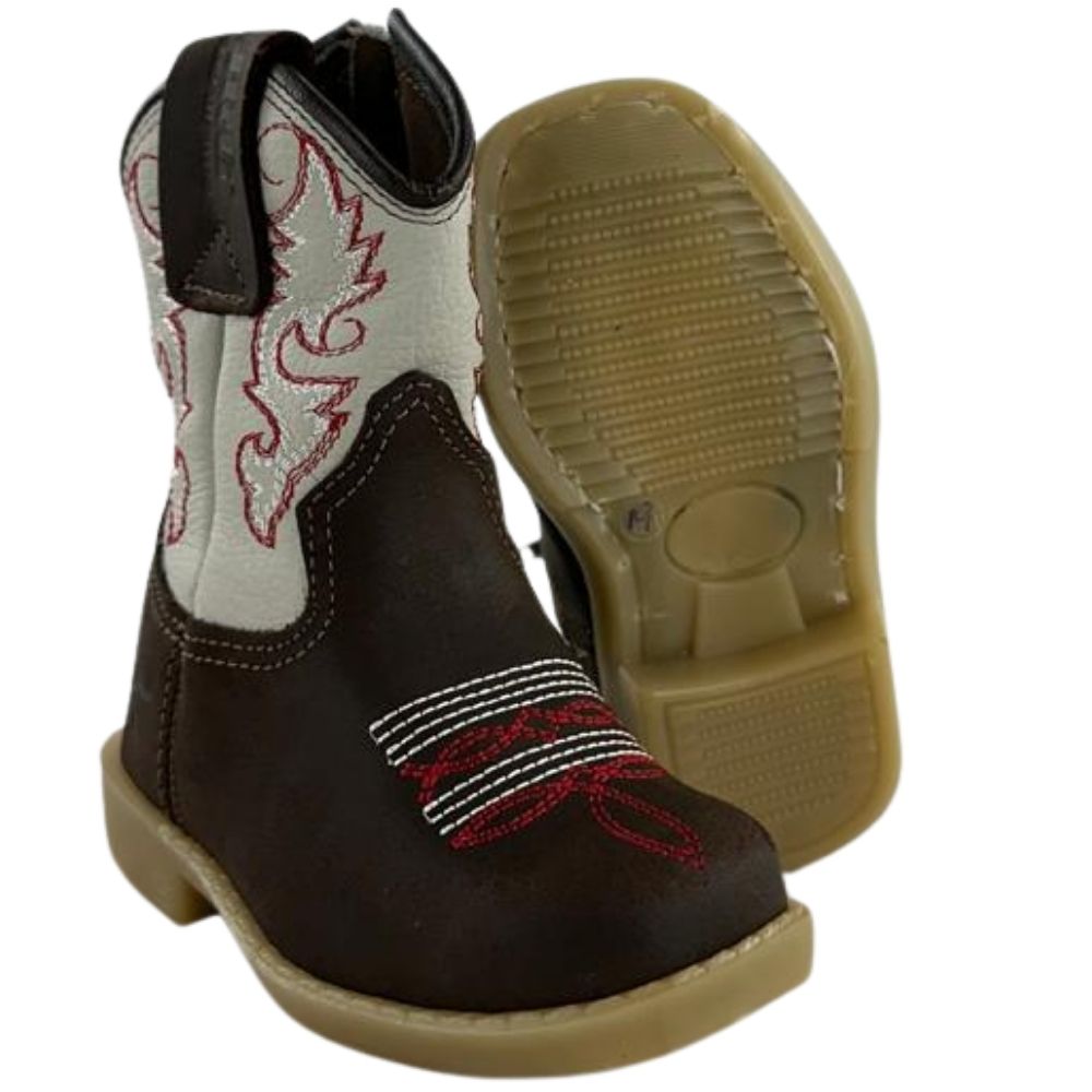 Bota Texana Infantil Baby Aragoni Couro Fóssil Café Marfim Com Zíper Sola Pvc Natural Bico Quadrado REFA006