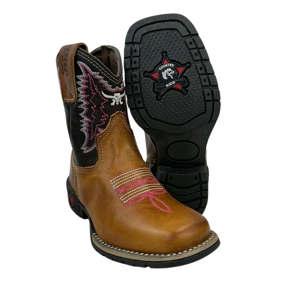 Bota Texana Infantil Aragoni Bico Quadrado Couro Fóssil Pinhão Com Café Bordado Branco e Rosa - Ref. A021