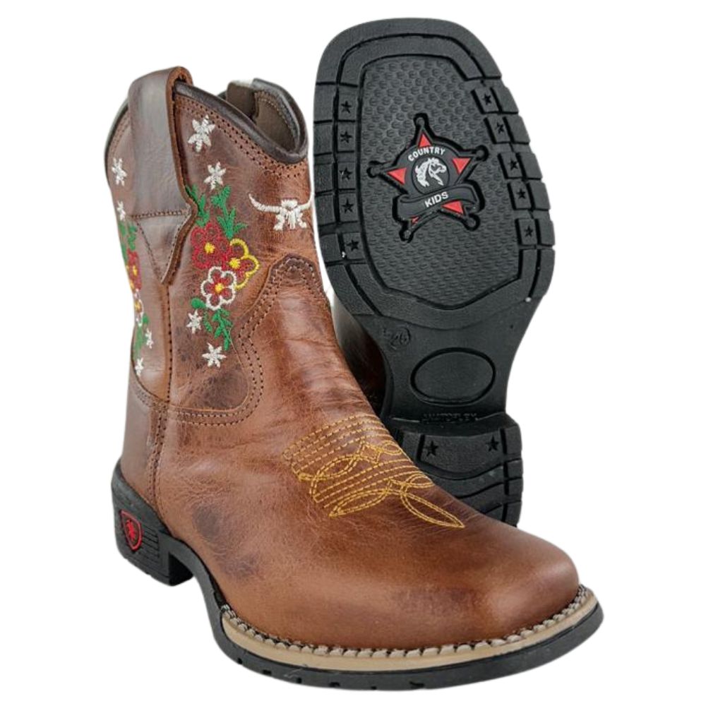 Bota Texana Infantil Aragoni Bico Quadrado Couro Fóssil Sella Bordado Flores - Ref. A050