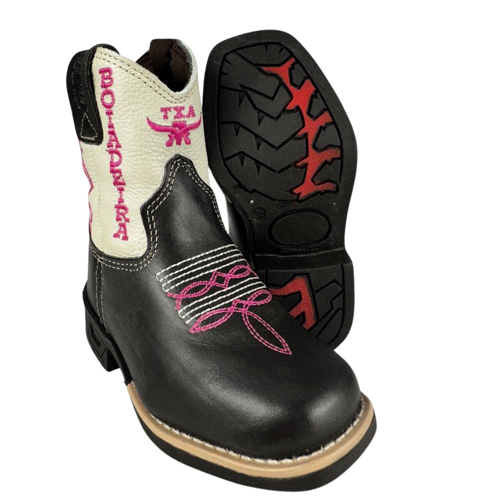 Bota Texana Infantil Aragoni Feminina Couro Fóssil Café C/ Marfim C/ Zíper E Bordado Boiadeira Em Rosa C/ LED Ref:A006L