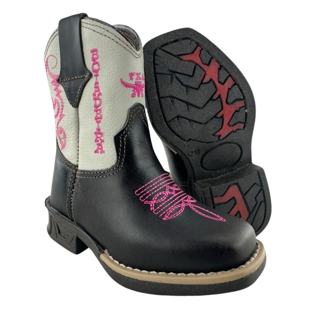 Bota Texana Infantil Aragoni Feminina Couro Fóssil Café/Marfim Com Zíper E Bordado Boiadeira Em Rosa Com LED Ref:A006L