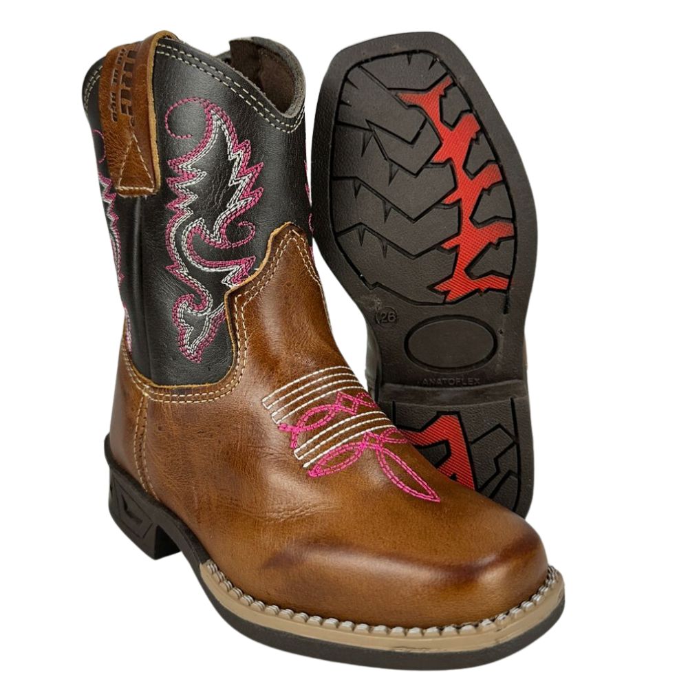 Bota Texana Infantil Aragoni Feminina Couro Fóssil Pinhão Café Bordado Branco E Rosa C/ Zíper Solado Marrom LED RefA006L