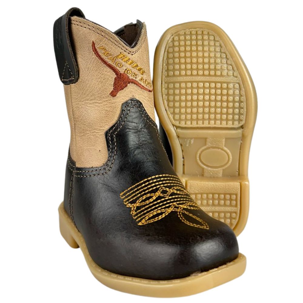 Bota Texana Infantil Baby Aragoni Bico Quadrado Couro Fóssil Café Com Marfim Bordado Marrom E Amarelo Ref:A020