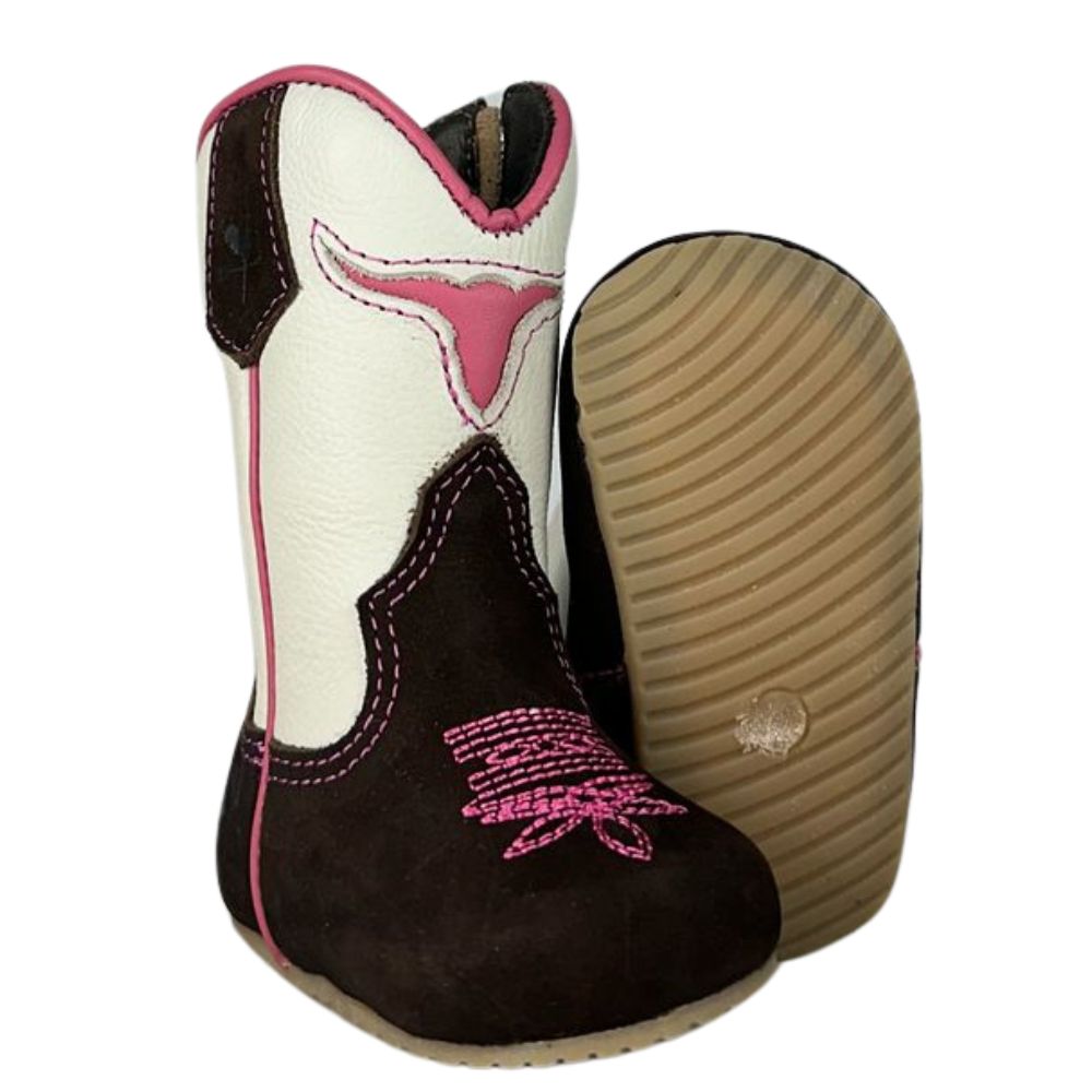 Bota Texana Infantil Baby Caminhos Da Roça Couro Nobuck Café Cano Cru E Bordado Pink Ref:CB 06