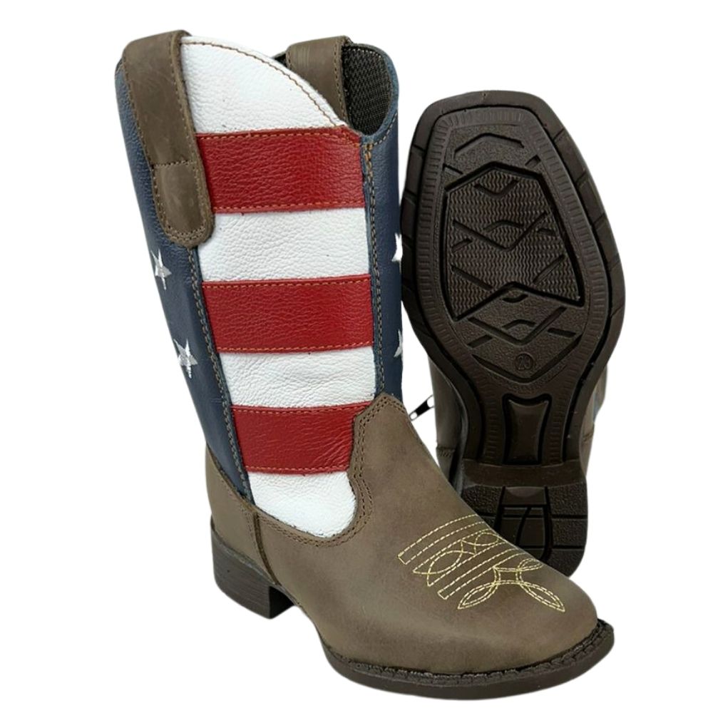 Bota Texana Infantil Big Bull Boots Couro Crazy Com Bordado Cano USA Com Zíper Ref:900