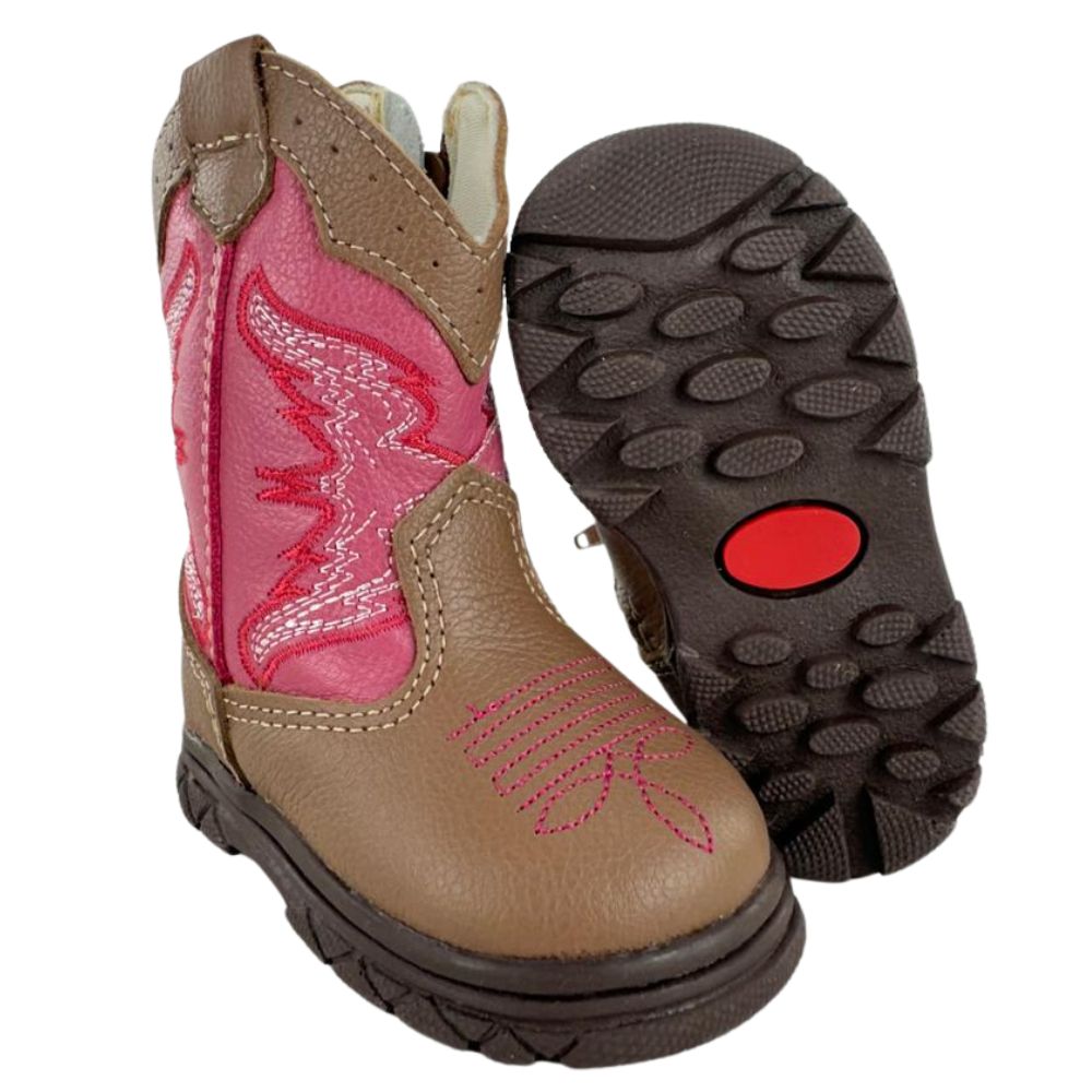Bota Texana Infantil Big Bull Boots Cappucino e Rosa Bordado Ref: 39B