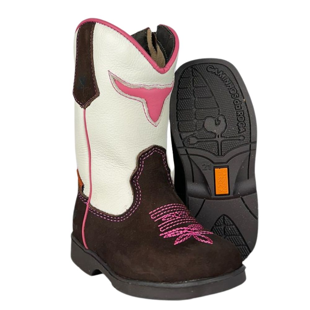 Bota Texana Infantil Caminhos Da Roça Bico Quadrado Com Zíper Couro Nobuck Café Cano Cru Com Bordado Pink Ref:CI12