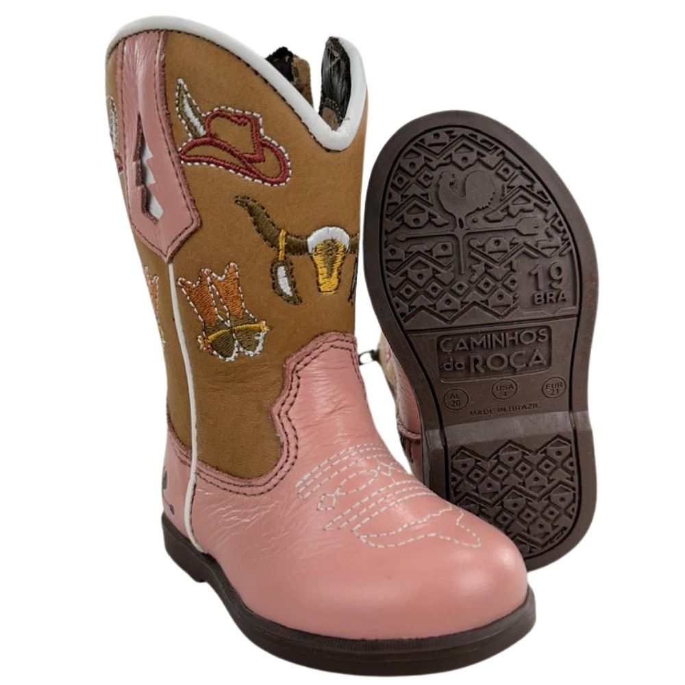 Bota Texana Infantil Caminhos Da Roça Bico Redondo Couro Napa Rosa Bordado Ref:CI88