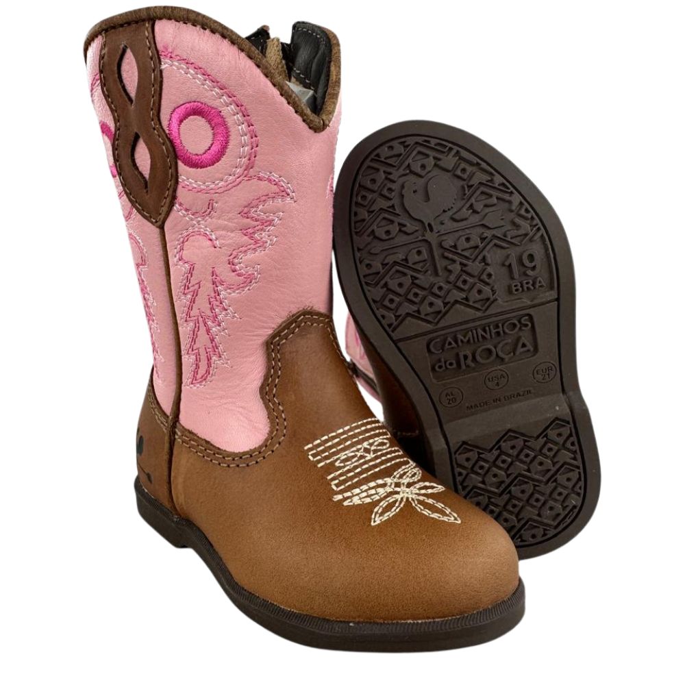 Bota Texana Infantil Caminhos Da Roça Com Zíper Couro Caramelo Cano Rosa Bordado Ref: Kl26-2