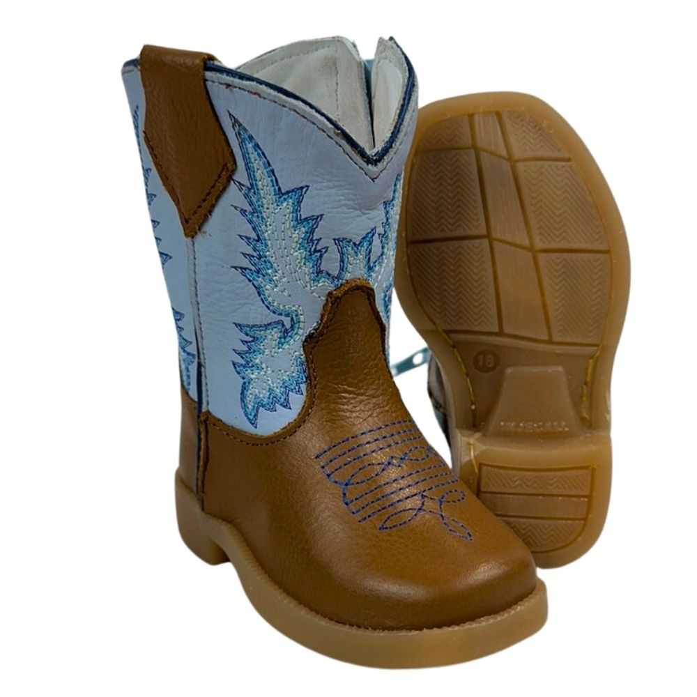 Bota Texana Infantil Capelli Boots Country Baby Couro Caramelo Cano Azul Bebe Com Bordado e Zíper Ref.080 - Cod.08392AC