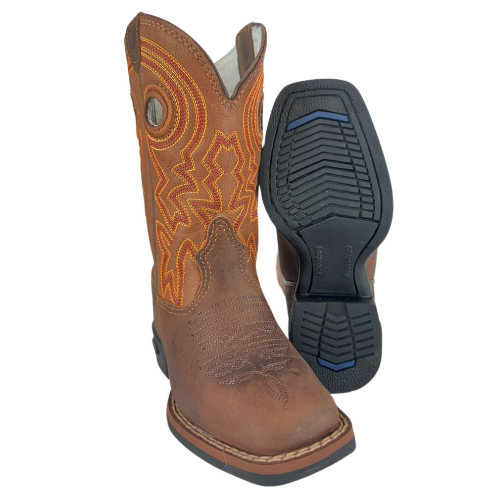 Bota Texana Infantil Durango Bico Quadrado Couro Marrom Kids Cano Terra Com Bordado Laranja E Vermelho Ref:12K141G2P