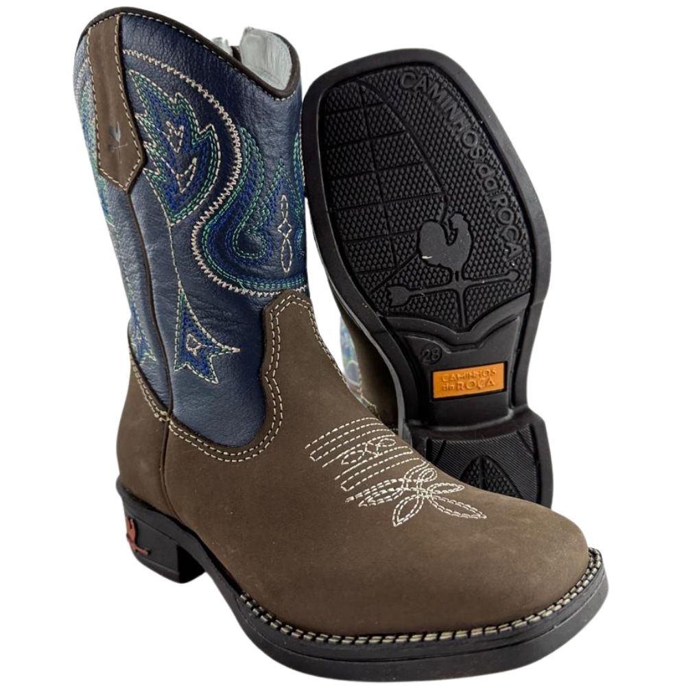 Bota Texana Infantil Juvenil Caminhos Da Roça Bico Quadrado Zíper Nobuck Rato e Marinho Ref: CJ39