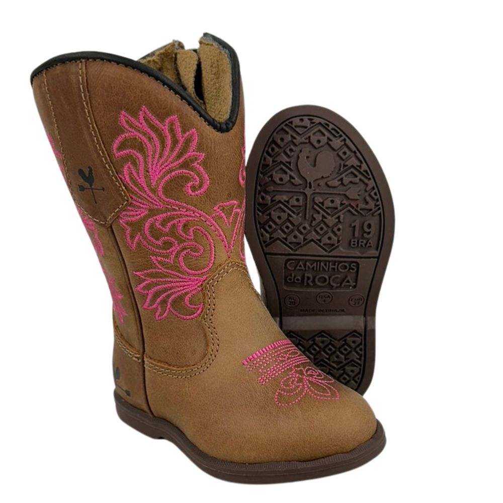 Bota Texana Infantil/Juvenil Caminhos da Roça Bico Redondo Couro Caramelo Com Zíper e Bordado Rosa  Ref.K137-3