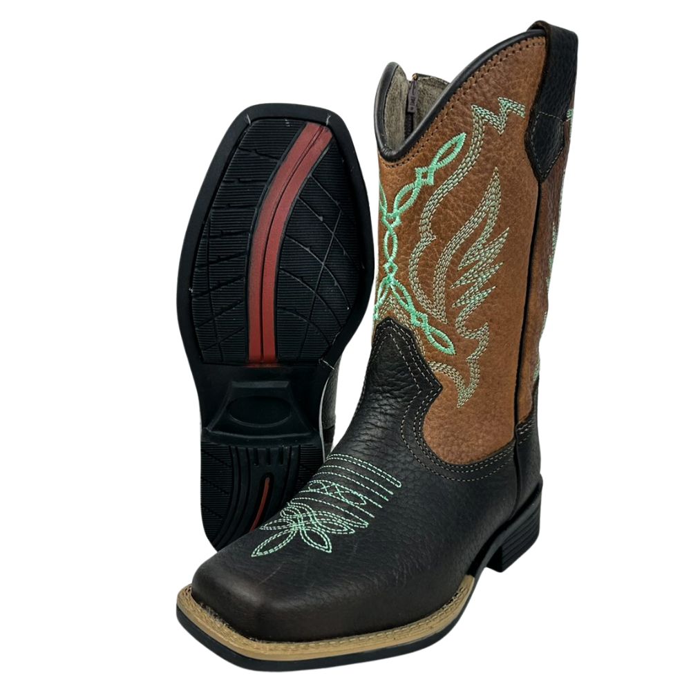 Bota Texana Infantil La Mexicana Bico Quadrado Malboro Castanho/Whisky Bordado Verde C/ Zíper Rodeio Preto Ref:106126