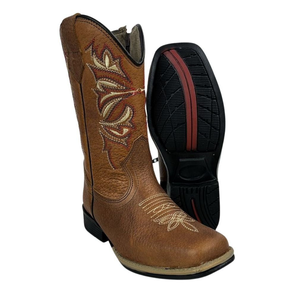 Bota Texana Infantil La Mexicana Bico Quadrado Couro Dallas Havana C/ Bordados Cru/Vermelho Rodeio Preto Ref:106136