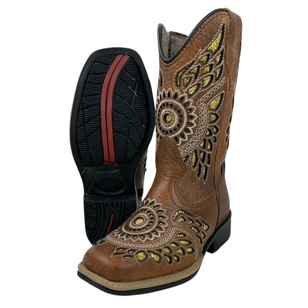 Bota Texana Infantil La Mexicana Bico Quadrado Couro Dallas Havana Com Bordado Cesr. Ouro Zíper Sola Rodeio Ref:106139