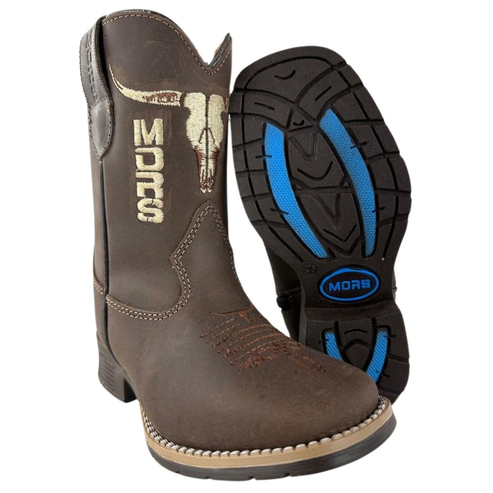 Bota Texana Infantil Moiadeiros Bico Quadrado Couro Crazy Café Bordado Creme Ref. 43 INF