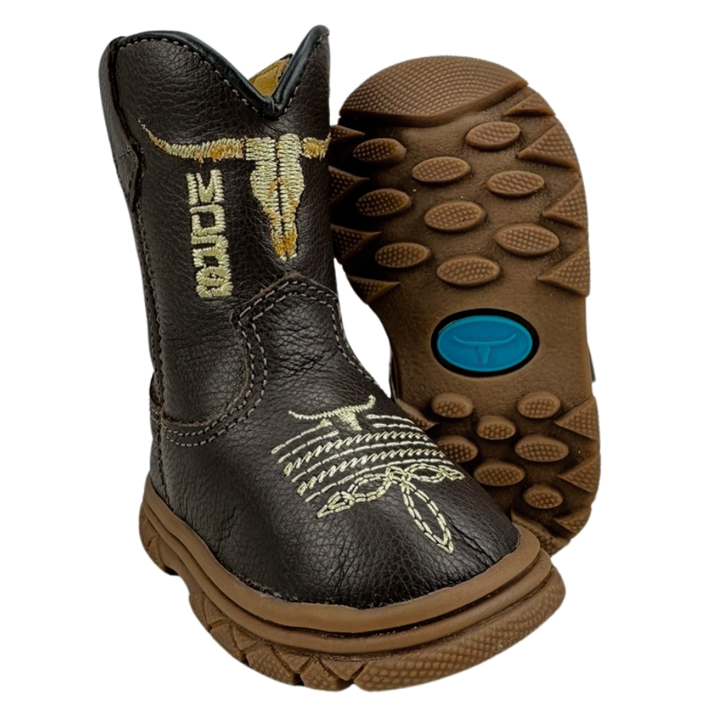 Bota Texana Infantil Moiadeiros Couro Napa Flay Café C/ Bordado Sola Baby - REF: 54B