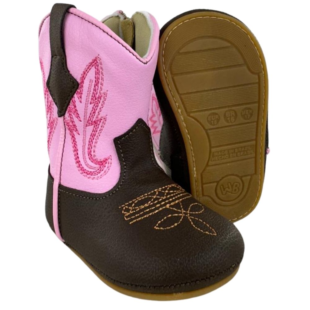 Bota Texana Infantil Walk Baby Bico Redondo Café/Rosa Bordado Com Zíper Ref: 020-035-414