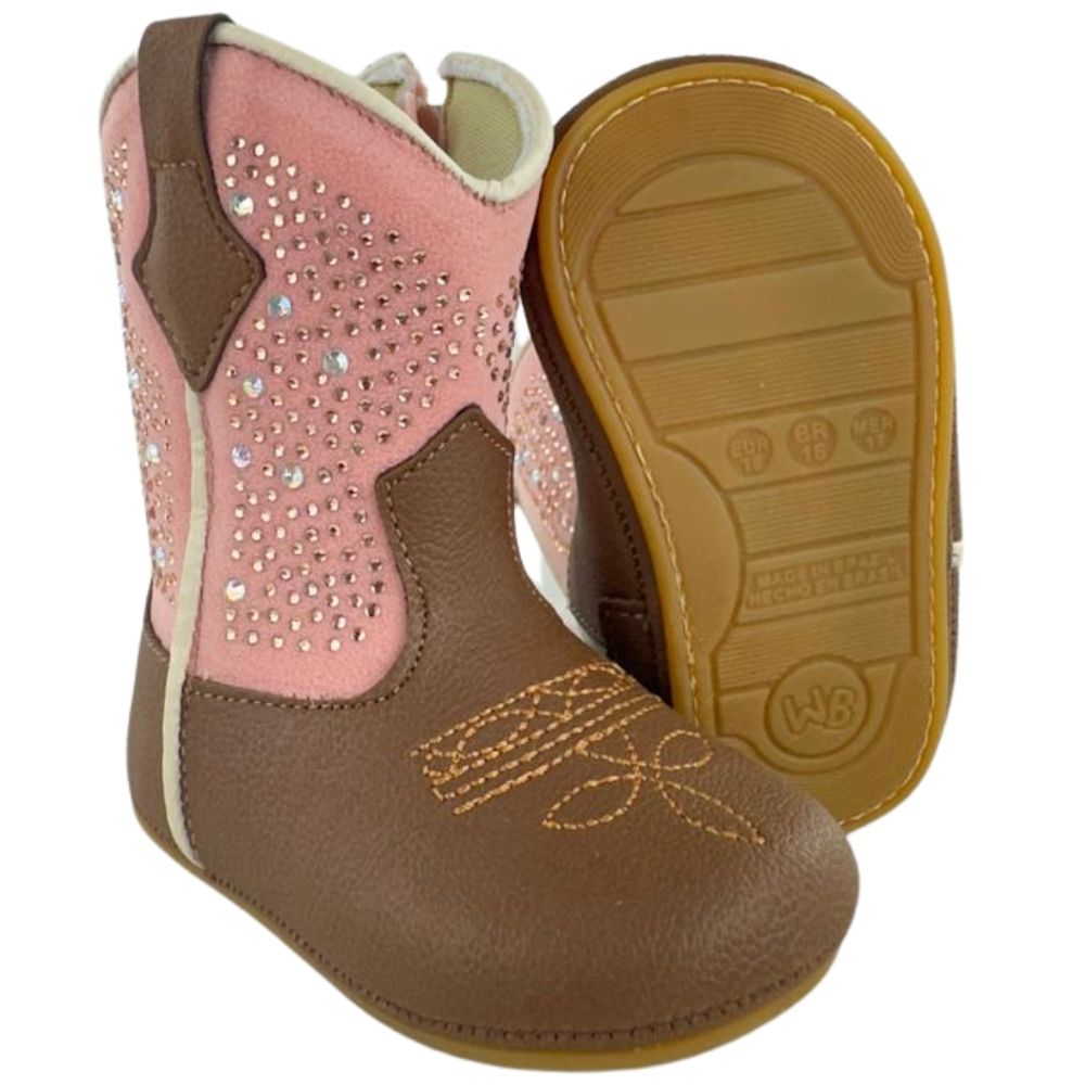 Bota Texana Infantil Walk Baby Bico Redondo Caramelo/Rosa Brilho De Strass Com Zíper Ref: 020-033-410