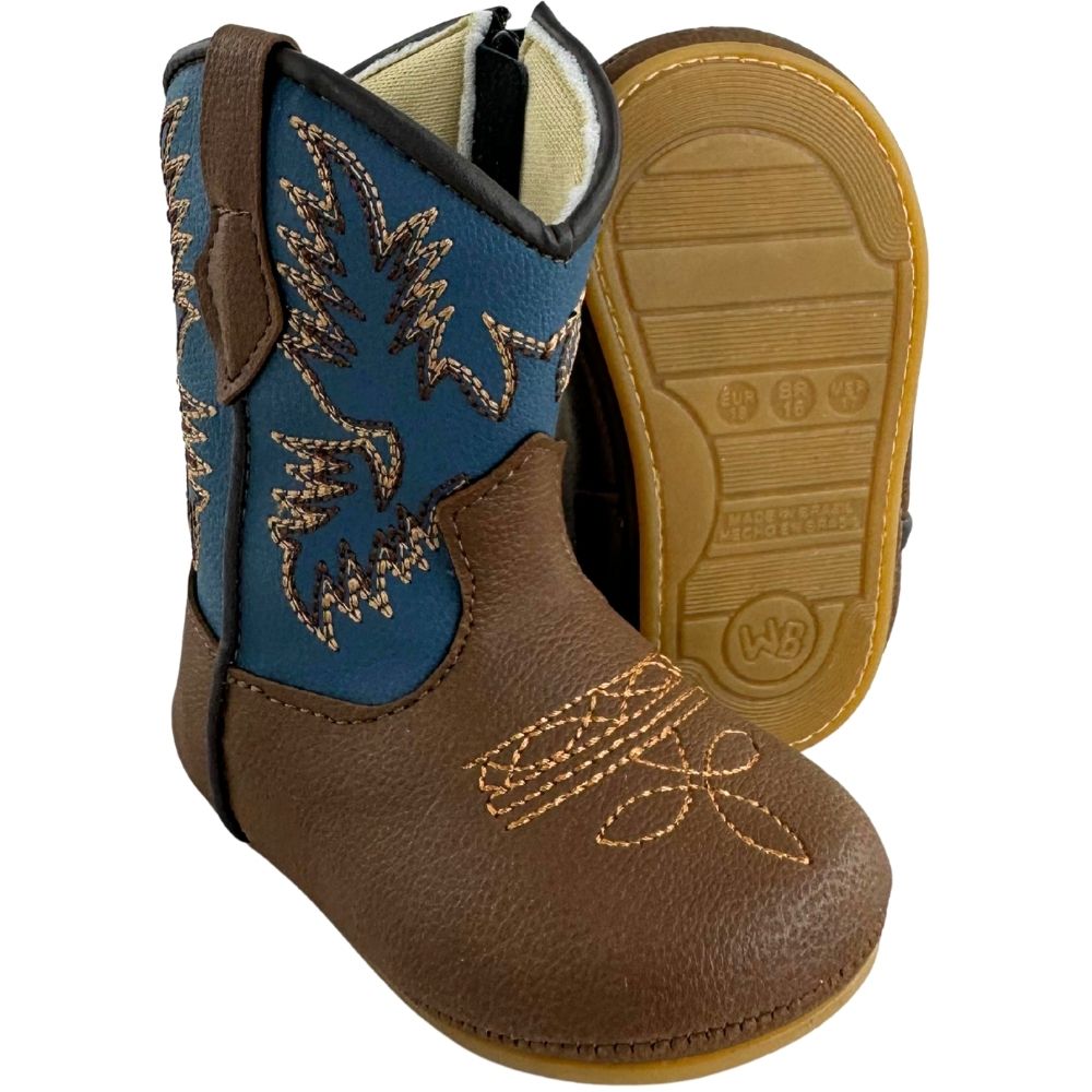 Bota Texana Infantil Walk Baby Bico Redondo Chocolate E Azul Jeans Bordado Com Zíper Ref:020-046-429