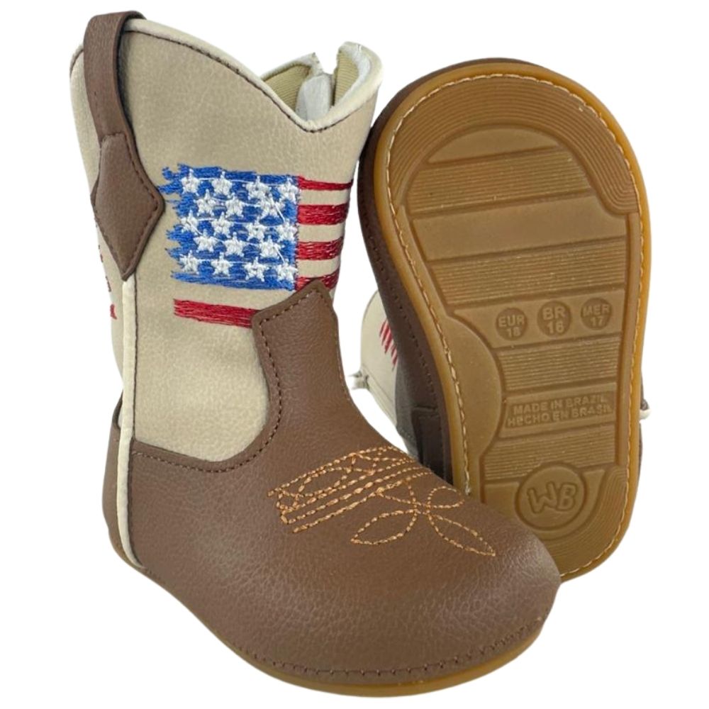 Bota Texana Infantil Walk Baby Bico Redondo Chocolate/Marfim Bordado USA com Zíper Ref: 020-025-398