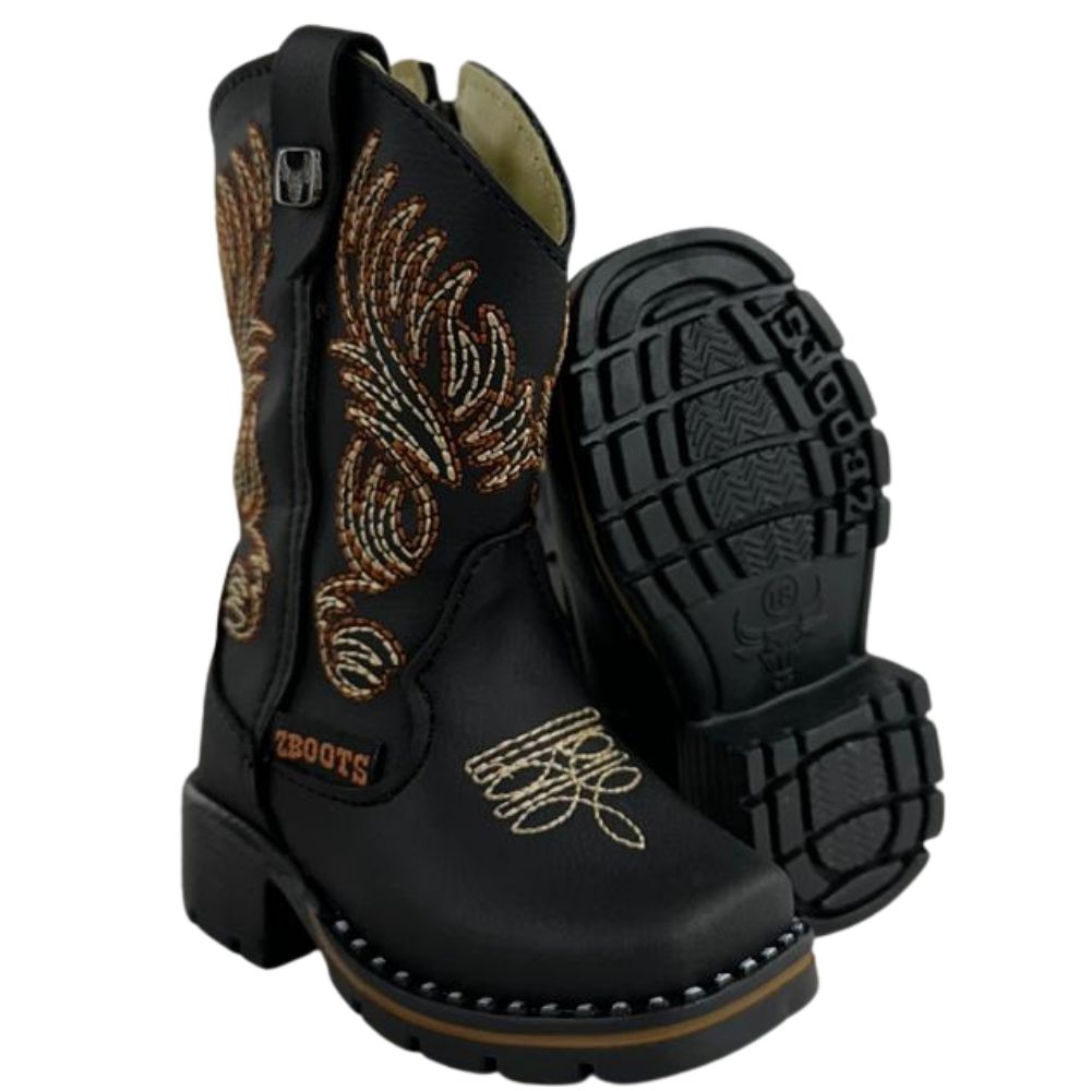 Bota Texana Infantil Zboots Bico Quadrado Preto Zíper Bordado Creme Caramelo REFB8203