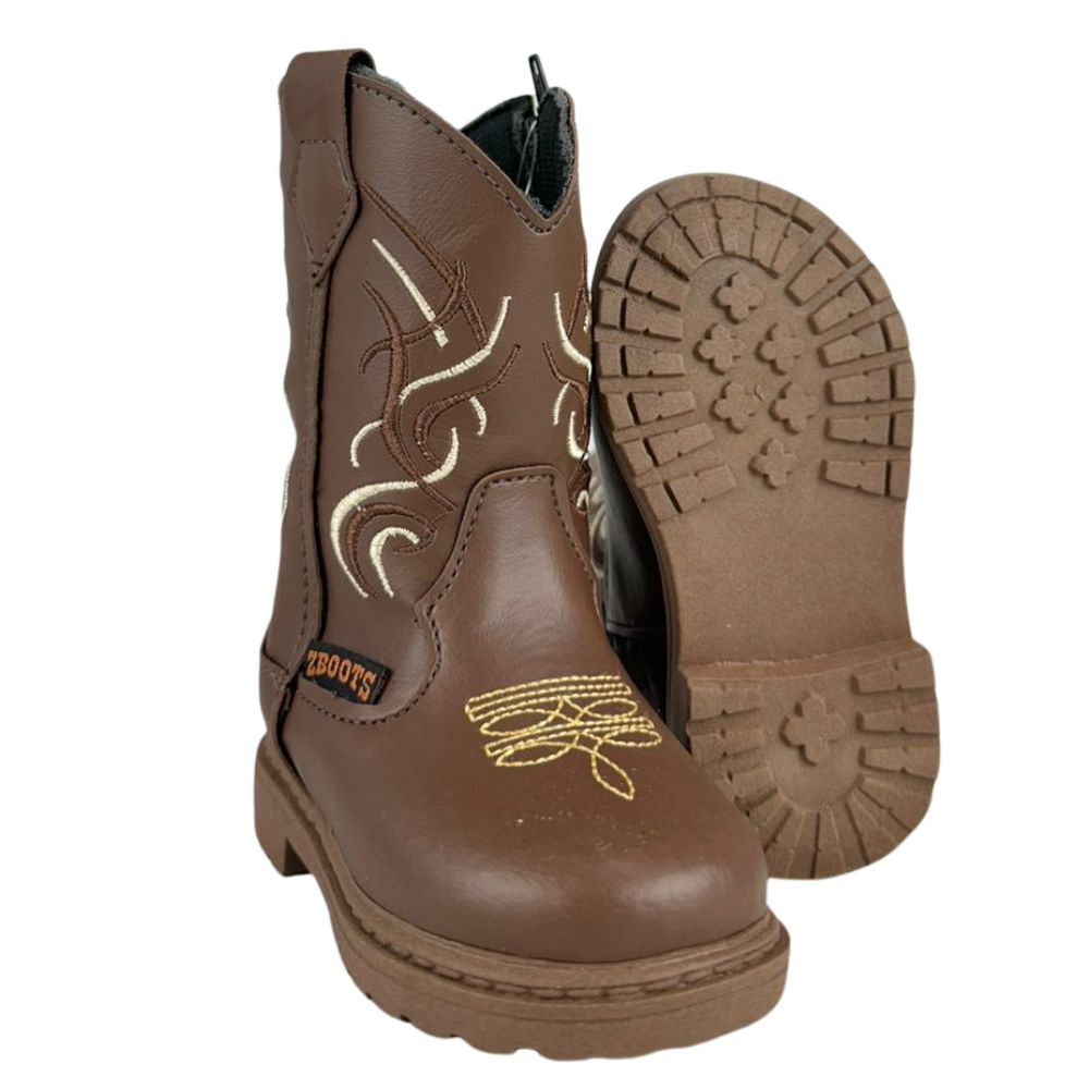 Bota Texana Infantil Zboots Bico Redondo Couro Café Bordado Branco E Marrom Ref:B012