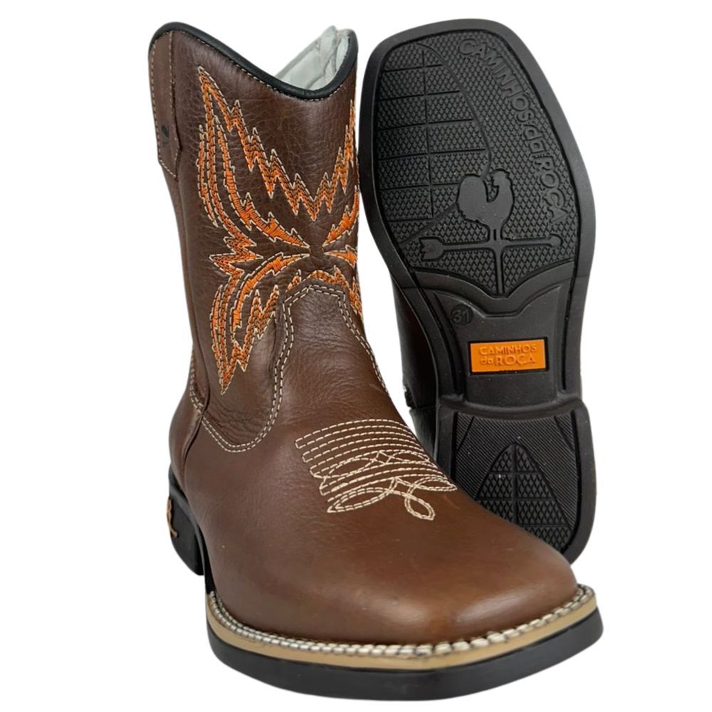 Bota Texana Juvenil Caminhos Da Roça Bico Quadrado Com Zíper CouroCom Bordado Florão Cano Laranja Ref:MJ39