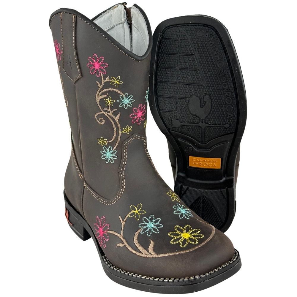 Bota Texana Juvenil Caminhos Da Roça Bico Quadrado Café Bordado Flores Ref:CJ57