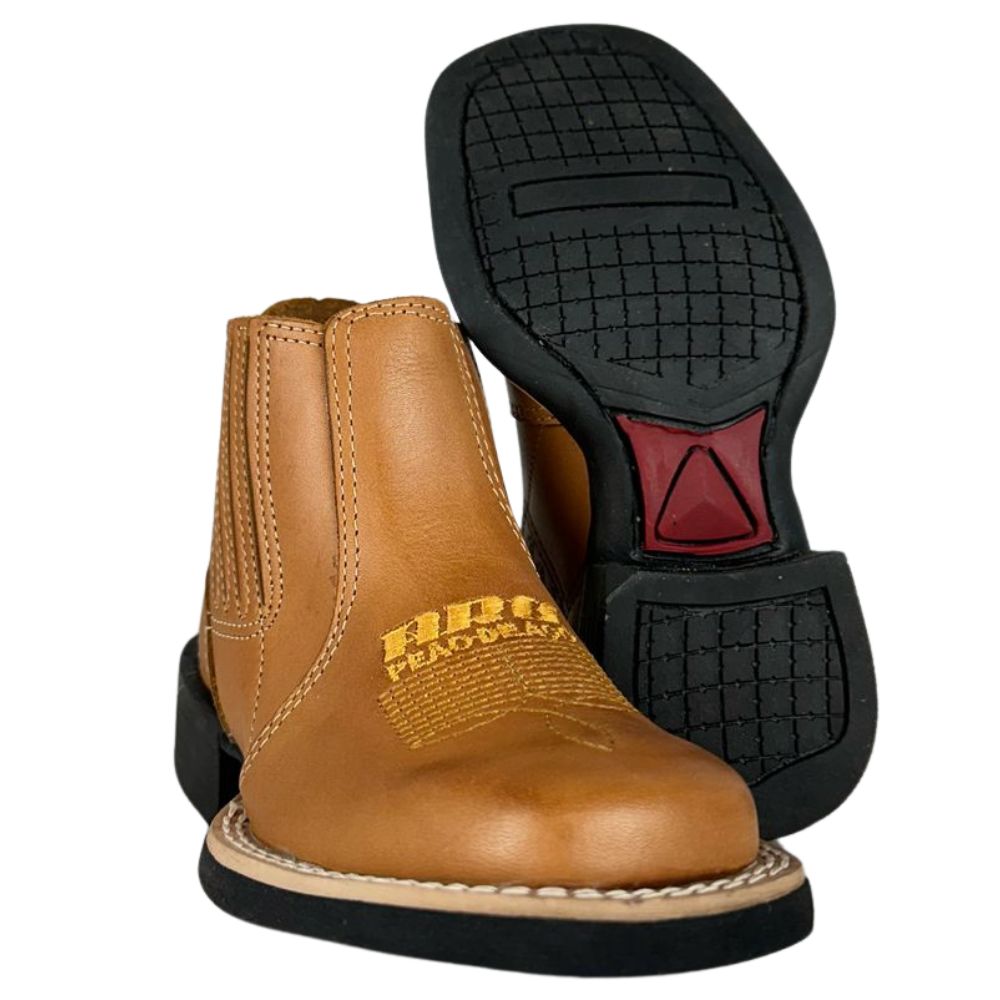 Botina Infantil Aragoni Couro Cromo Natural Bordado Amarelo E Florão Sola PVC Poney Ref:A083