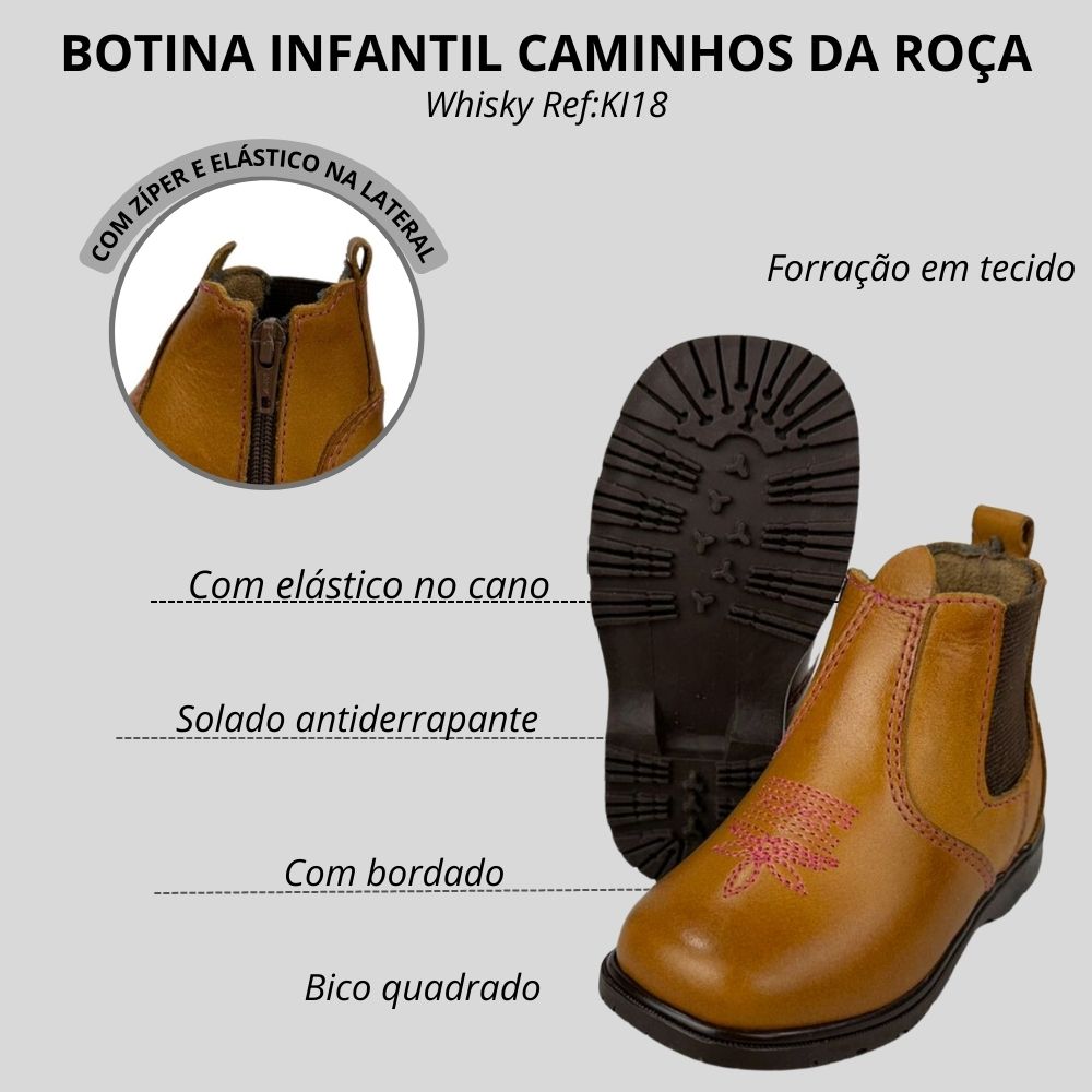 Botina Infantil Caminhos Da Roça Bico Quadrado Com Zíper Couro Whisky ...