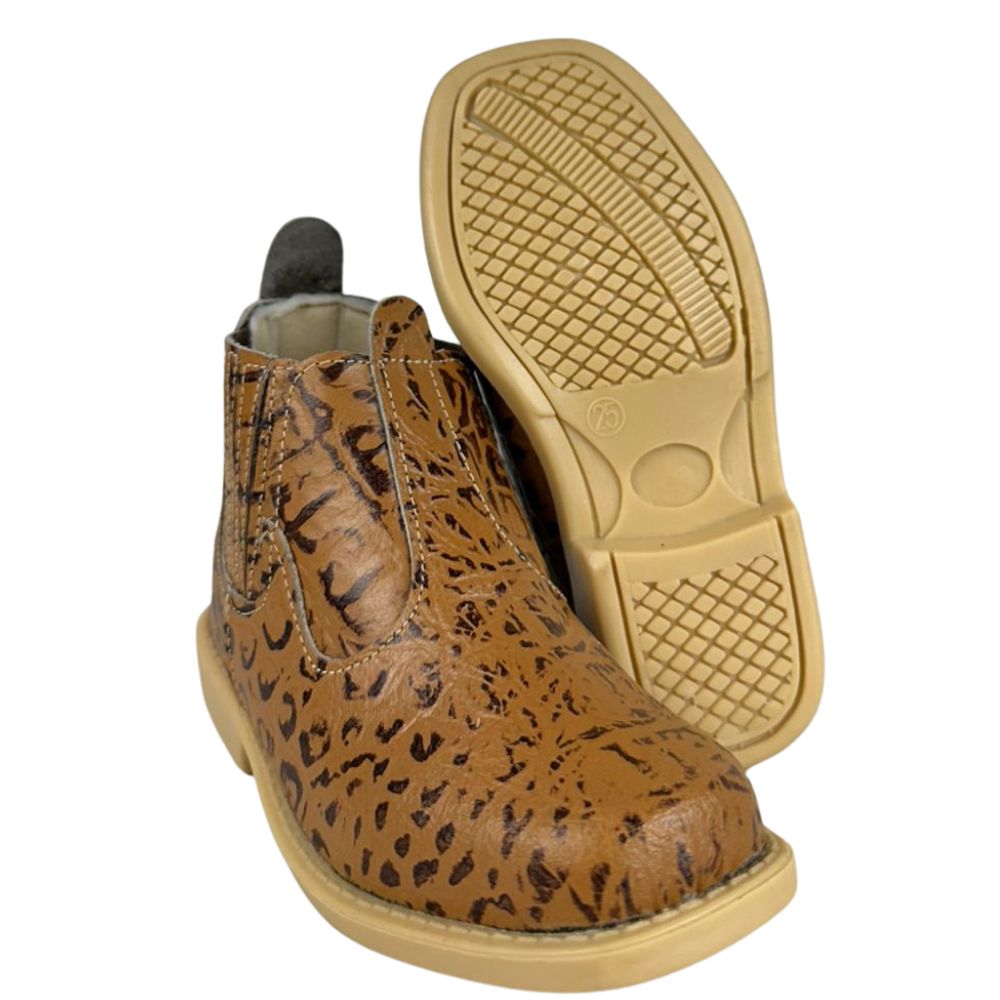 Botina Infantil Ki-Fofo Couro Caramelo Imitação Jacaré Mesclado Marrom Solado Claro Ref:4122