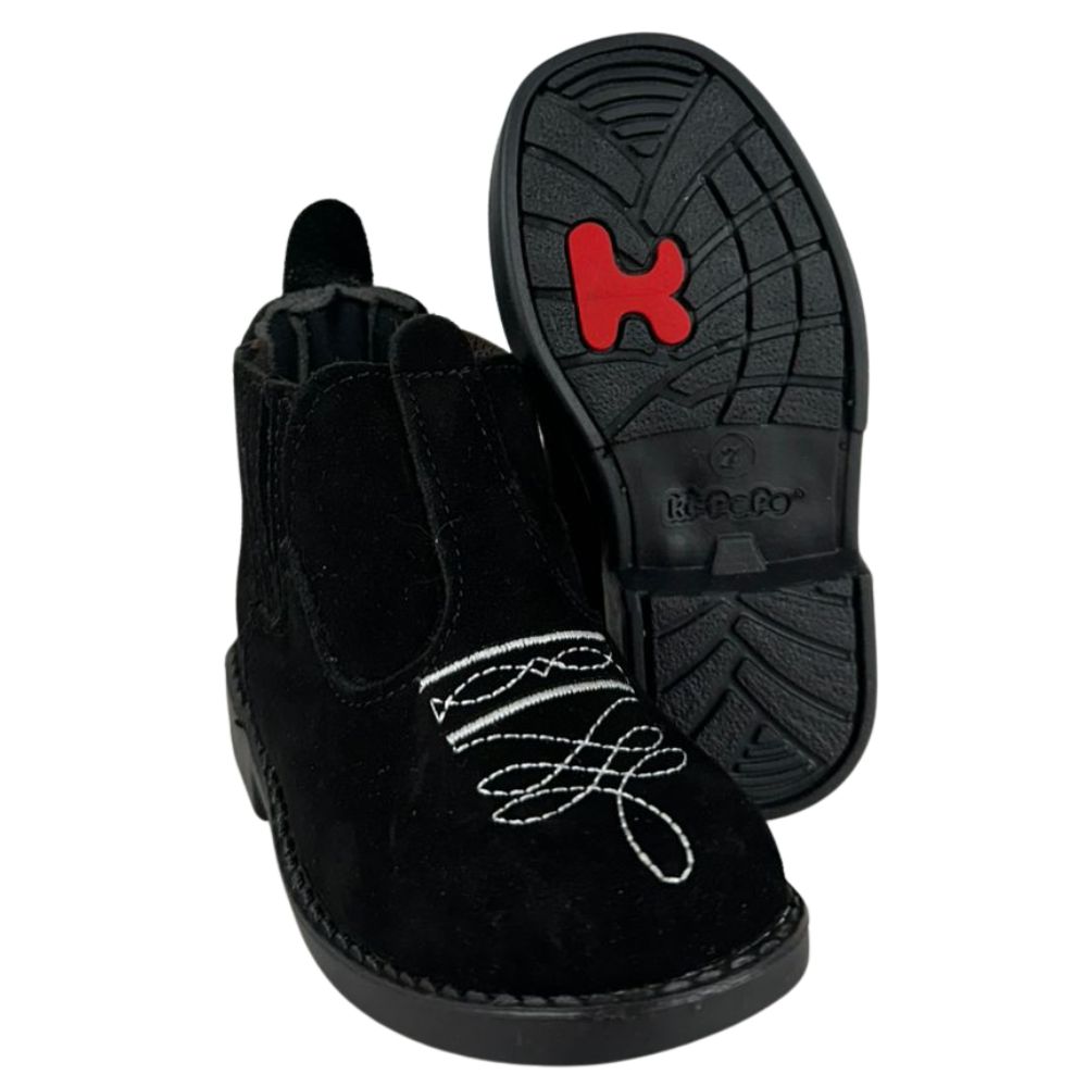 Botina Infantil Ki-Fofo Couro Nobuck Preto Com Bordado Florão Branco Solado Preto Ref:4122